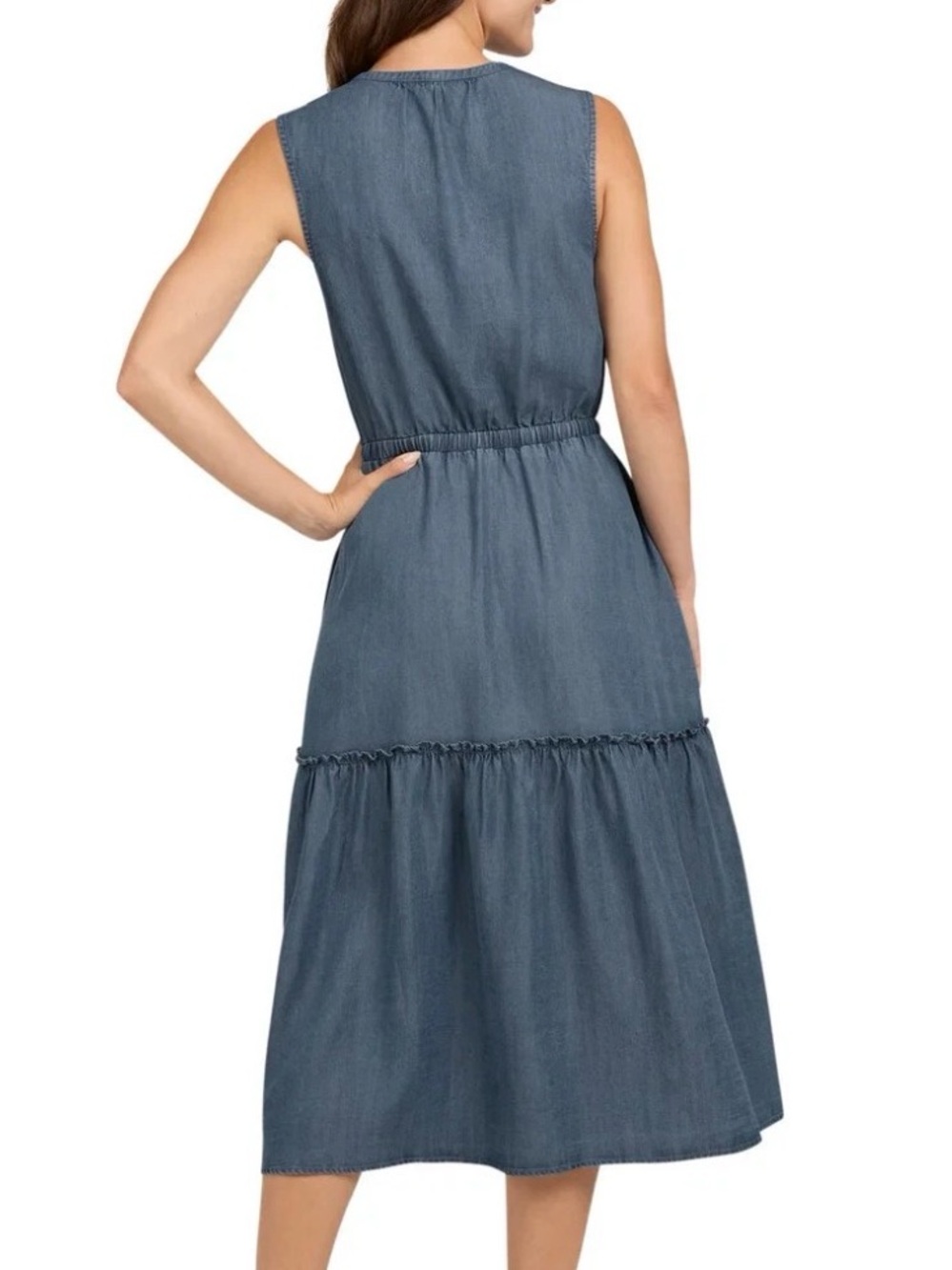 Lands End Sleeveless Chambray Tiered Midi Dress Lyocel Pockets Large Travel - Picture 2 of 12